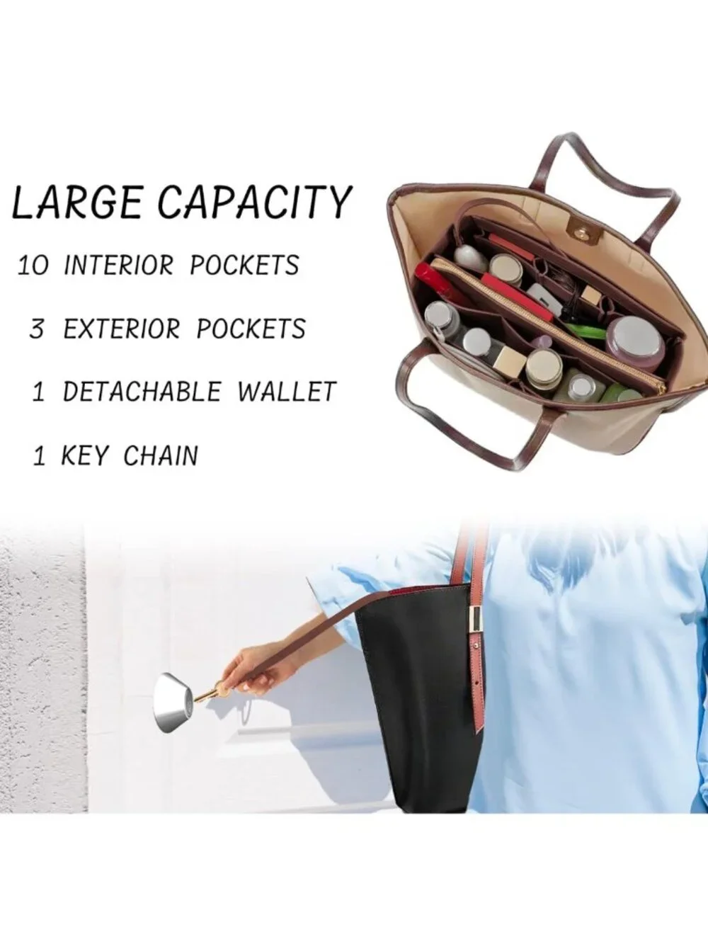 Medium Brown Purse Organizer Insert with Zipper & Key Chain - Tote Bag Essential